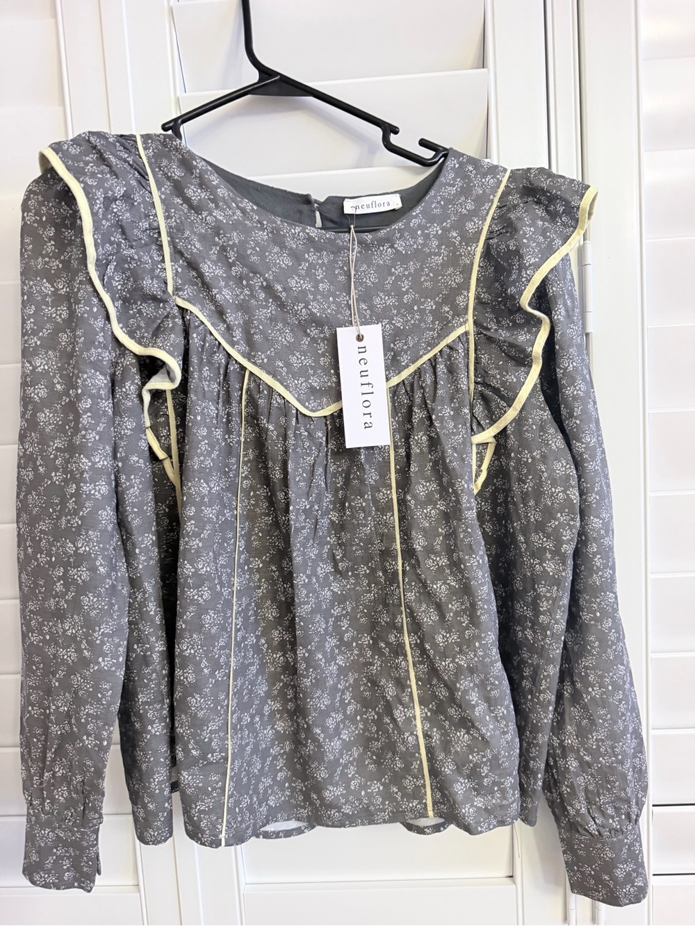 Neuflora Grey Floral Ruffle Blouse with Yellow Trim